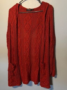 Michaels Open-Knit Hooded Cardigan in Rich Red